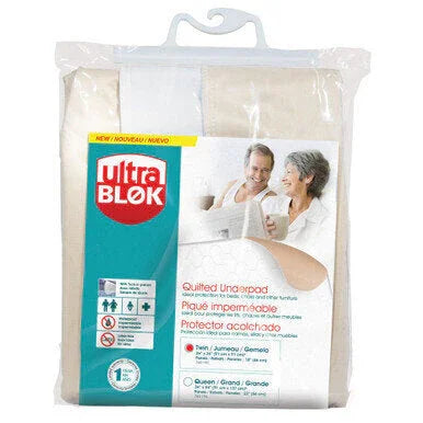 Ultrablok quilted underpad waterproof bed protector in retail packaging for home care and medical use.