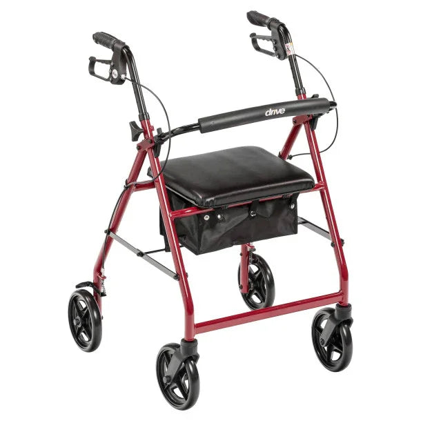 Red folding mobility walker with seat, backrest, hand brakes, and storage pouch
