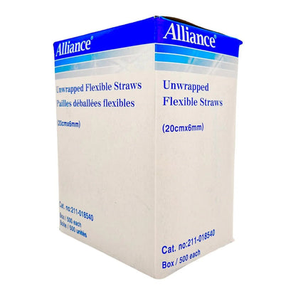 Box of Alliance unwrapped flexible straws, 20cm x 6mm, 500 count, medical supplies