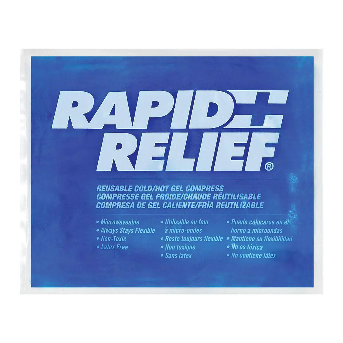 Reusable Rapid Relief cold hot gel compress for pain relief, microwaveable, latex free.