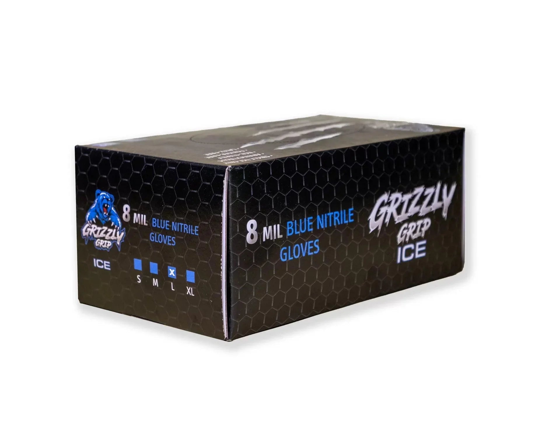 Grizzly Grip Ice 8 mil blue nitrile gloves box, medium size, on white background