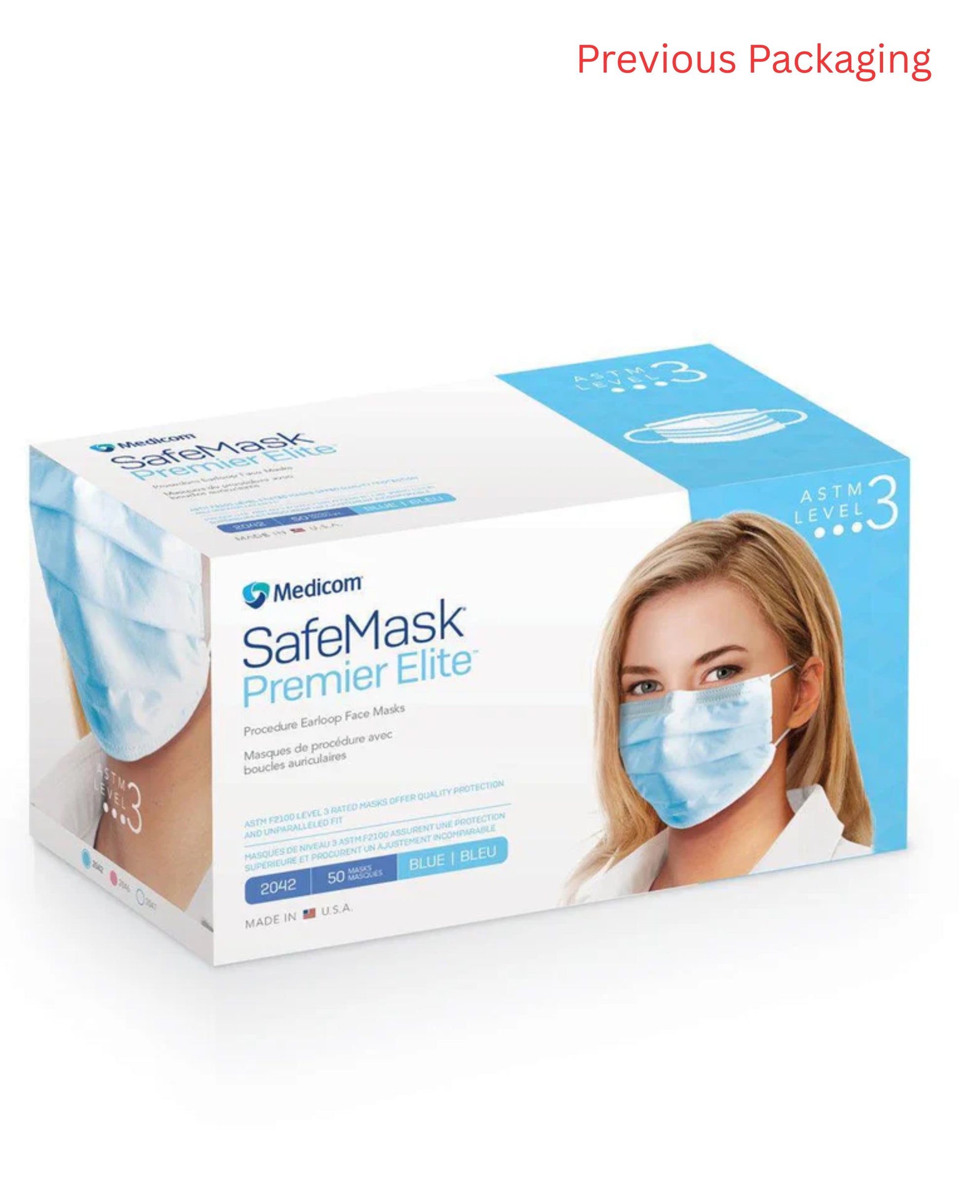 Medicom SafeMask Premier Elite ASTM Level 3 blue procedure face masks, 50 count, previous packaging