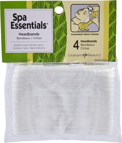 Spa Essentials white headbands 4-pack for spa treatments, Velcro closure, keeps hair back