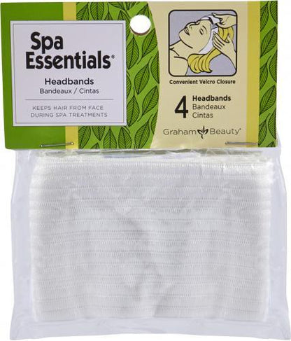 Spa Essentials white headbands 4-pack for spa treatments, Velcro closure, keeps hair back