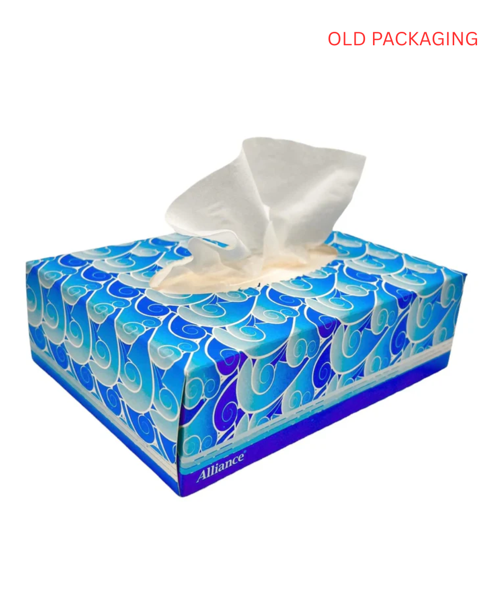Blue patterned tissue box with white tissues, labeled Alliance, old packaging design