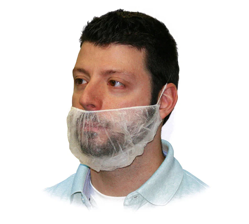 Man wearing disposable beard cover for hygiene and medical use, white background