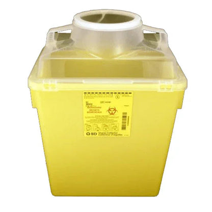 Yellow medical sharps container with secure lid and biohazard label for safe needle disposal