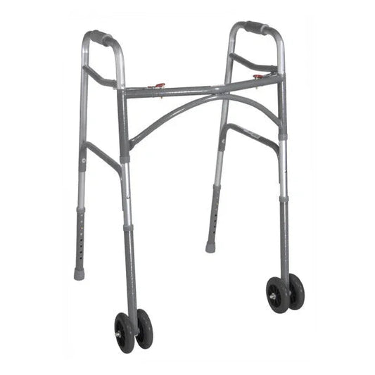 Lightweight folding walker with dual front wheels for mobility support