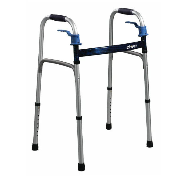 Adjustable folding walker with hand grips and push-button release for mobility support