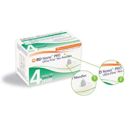 BD Nano PRO Ultra-Fine pen needles 4mm 32G box, closeup on product labeling