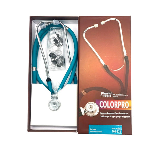 Teal stethoscope set with extra eartips in box, Physio Logic ColorPro Sprague-Rappaport type