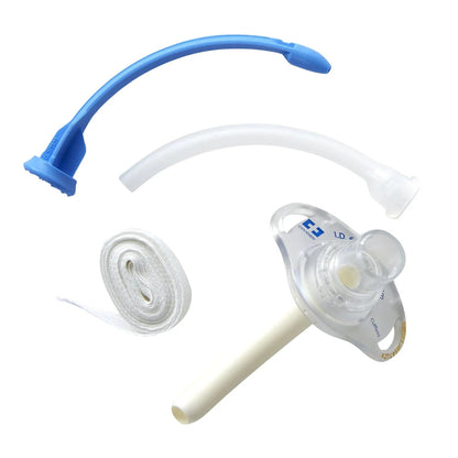 Medical tracheostomy tube set with curved tube, blue obturator, and securing strap