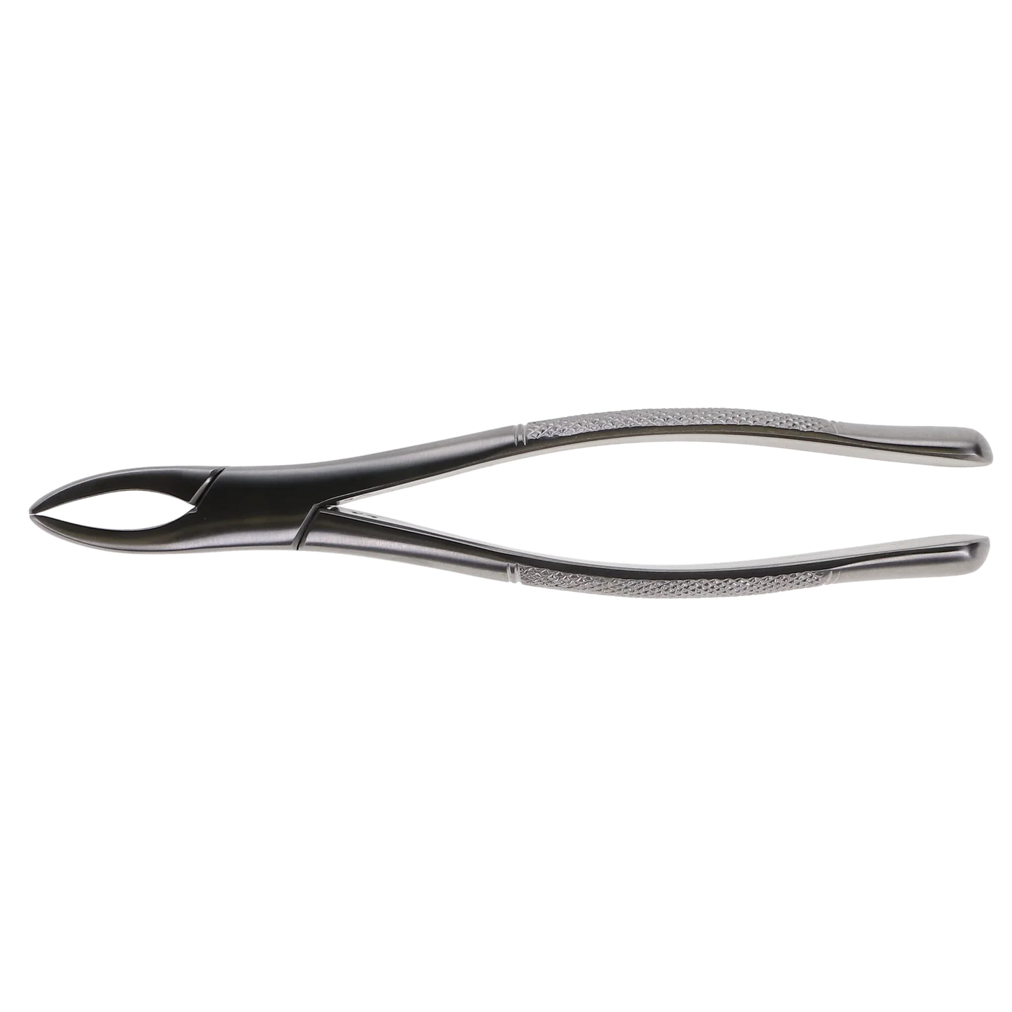 Stainless steel medical forceps tool with textured grip on a white background