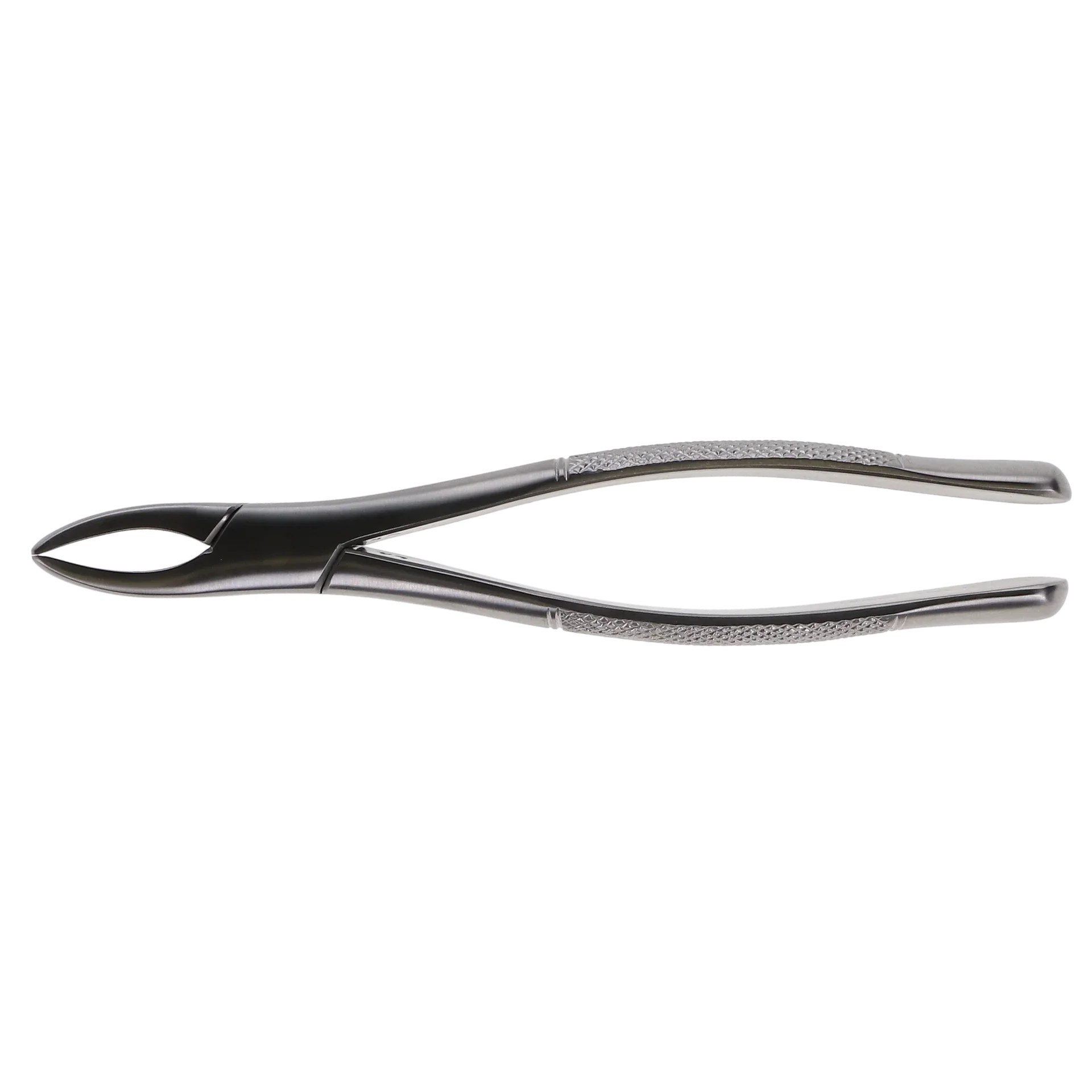 Stainless steel medical forceps tool with textured grip on a white background