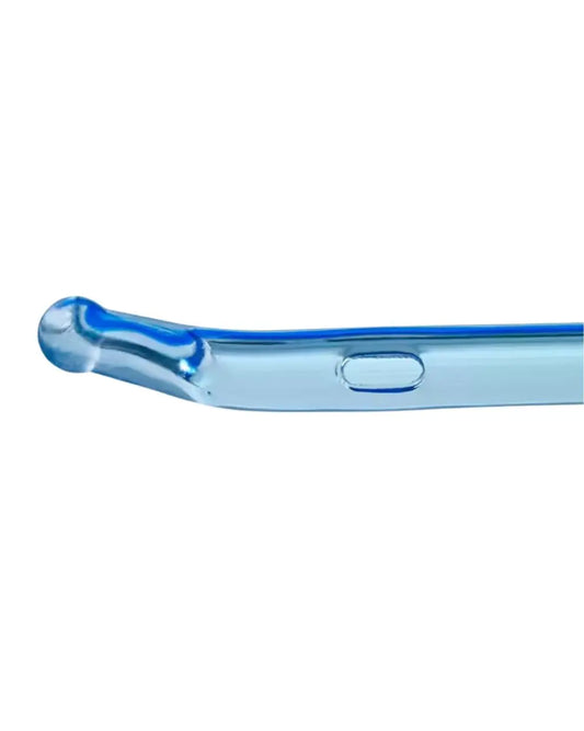 Close-up of a curved plastic medical catheter with a rounded tip on white background