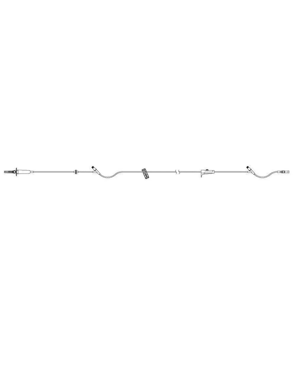 IV infusion set with multiple connectors, clamps, and ports on a white background