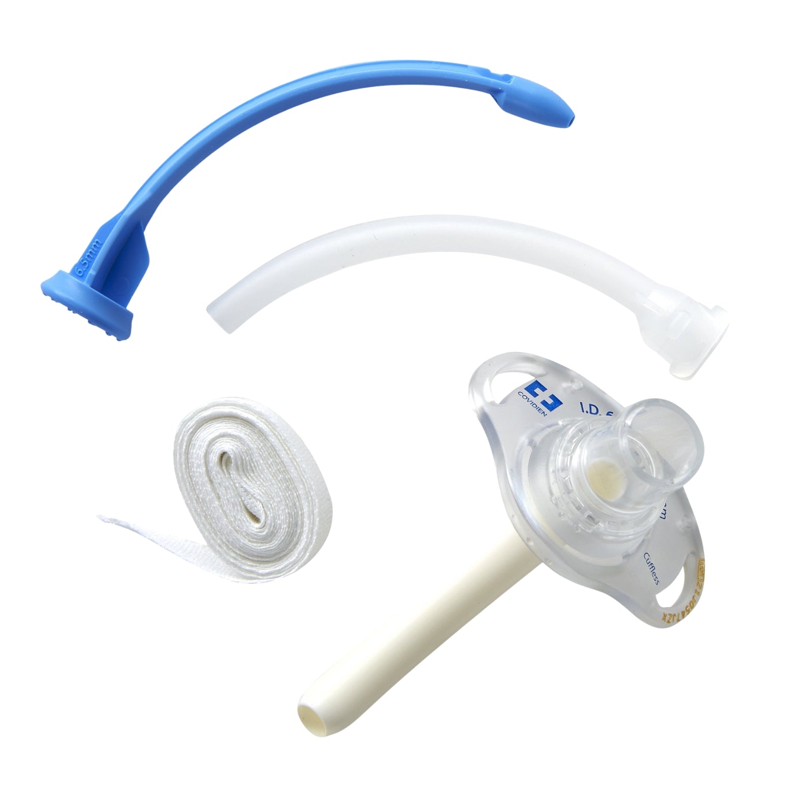 Tracheostomy tube set with inner cannula, obturator, and neck strap on white background