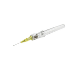 Disposable medical hypodermic needle with transparent body and yellow hub on white background