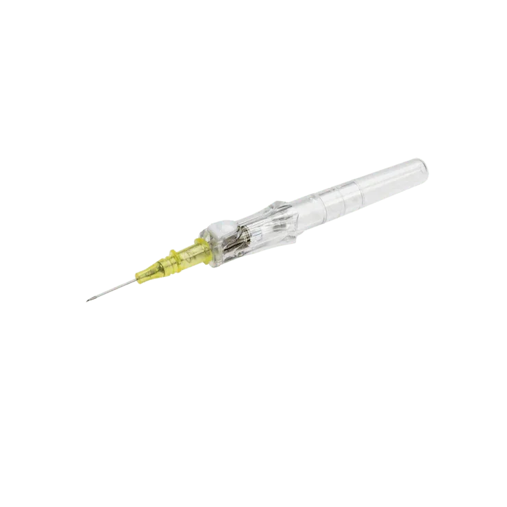 Disposable medical hypodermic needle with transparent body and yellow hub on white background