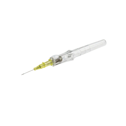 Disposable medical hypodermic needle with transparent body and yellow hub on white background