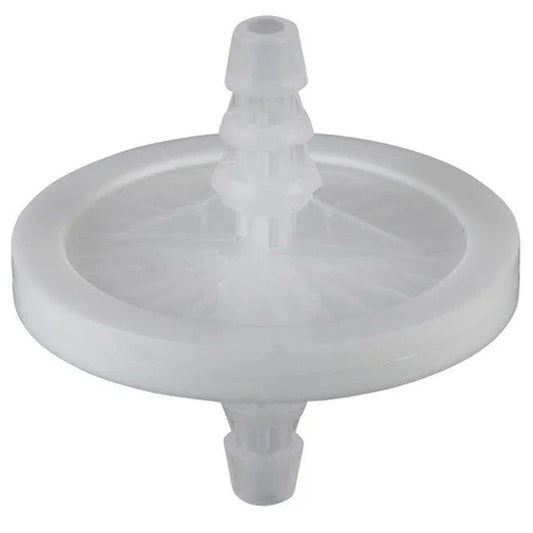 Medical inline disc filter with barbed connectors for fluid or air filtration