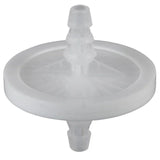 Transparent plastic medical inline filter with hose barb connectors, isolated on white background