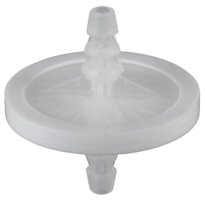 Transparent plastic medical inline filter with hose barb connectors, isolated on white background