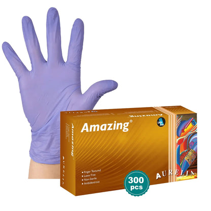 Purple nitrile exam glove worn on hand with Aurelia Amazing 300 count box, latex free