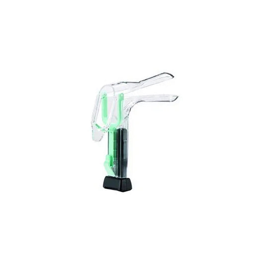 Clear disposable medical vaginal speculum with green accents on white background