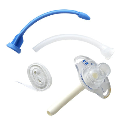 Disposable tracheostomy tube set with inner cannula, obturator, and trach tie for airway care