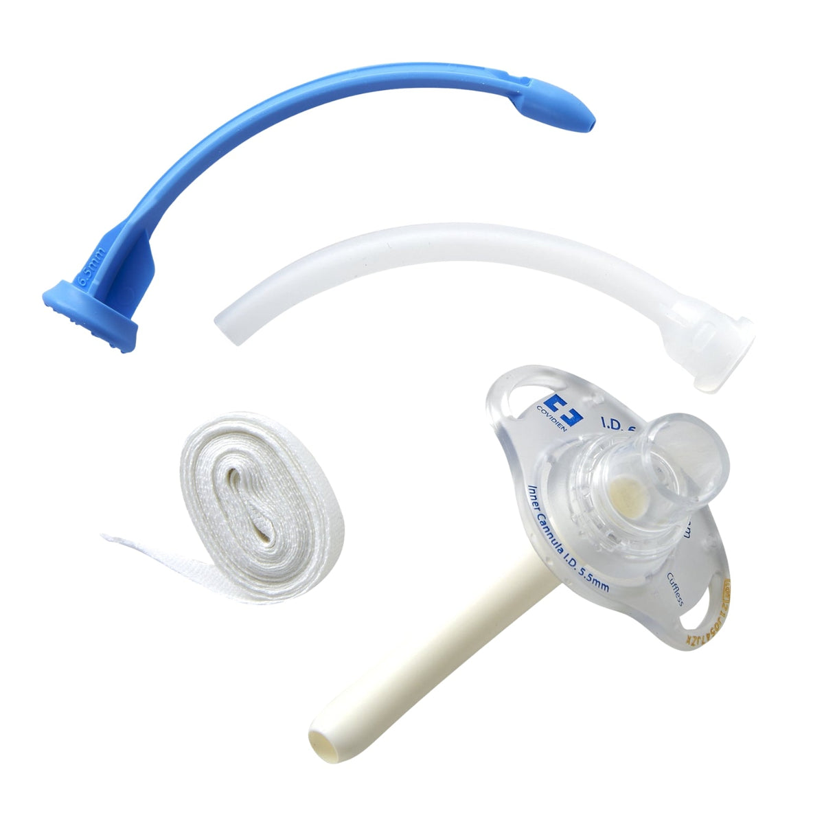 Tracheostomy tube kit with tube, obturator, inner cannula, and securing strap on white background