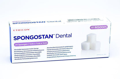 SPONGOSTAN Dental absorbable hemostatic gelatin sponges box, 24 sponges, 1cm x 1cm x 1cm, for dental medical use.