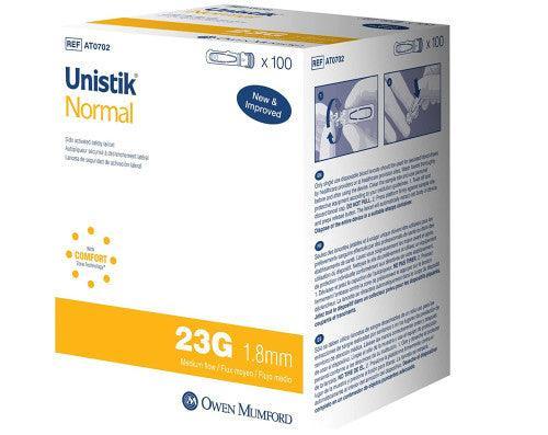 Box of Unistik Normal 23G 1.8mm safety lancets for blood sampling, 100 count