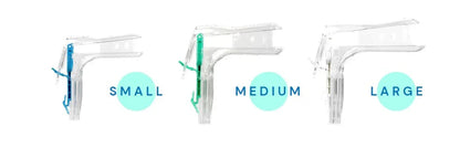 Three clear plastic vaginal speculums in small, medium, and large sizes on white background.