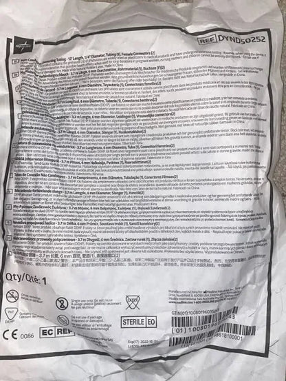 Sterile IV extension set packaging with product information and instructions for medical use.