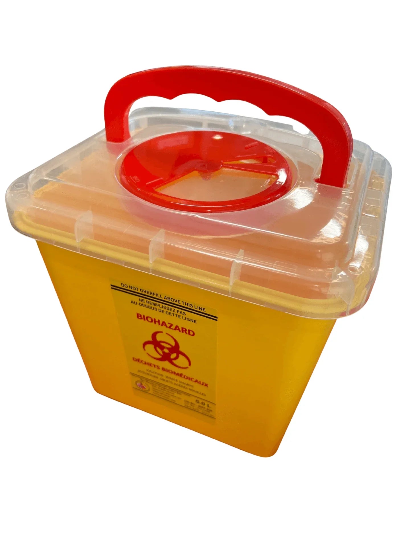Yellow biohazard sharps container with red handle and secure lid for medical waste disposal