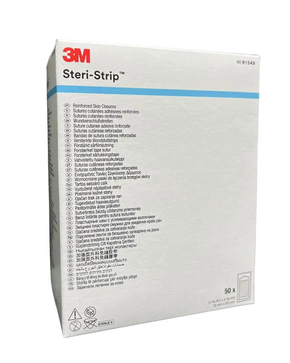3M Steri-Strip reinforced skin closures medical supplies box, 50 count, front view