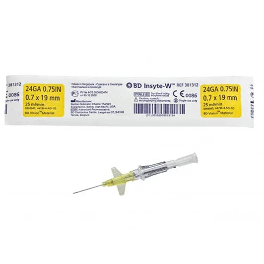BD Insyte-W 24GA 0.7 x 19 mm IV catheter with sterile packaging for medical use