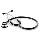 Black medical stethoscope with stainless steel chestpiece on white background.