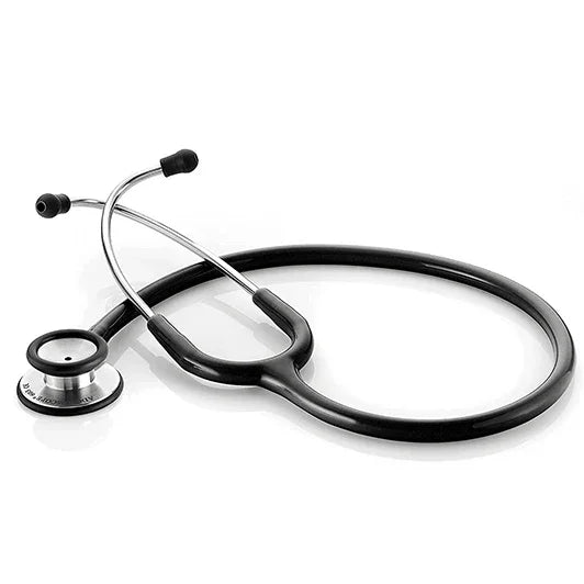 Black medical stethoscope with stainless steel chestpiece on white background.