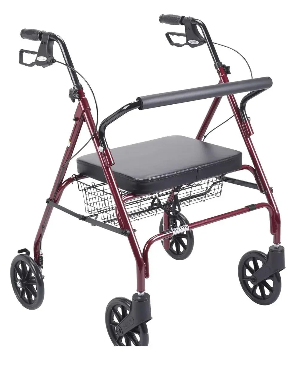 Four-wheel rollator walker with seat, hand brakes, and storage basket for mobility aid