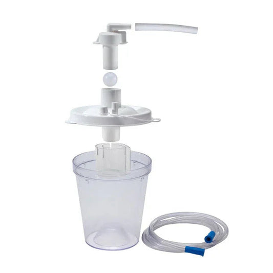 Medical oxygen humidifier bottle with tubing, disassembled, on white background