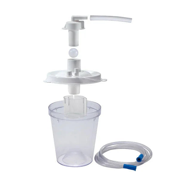 Medical suction canister kit with clear plastic canister, white lid, tubing, and valve for respiratory care