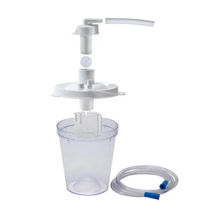 Medical suction canister kit with clear plastic canister, white lid, tubing, and valve for respiratory care