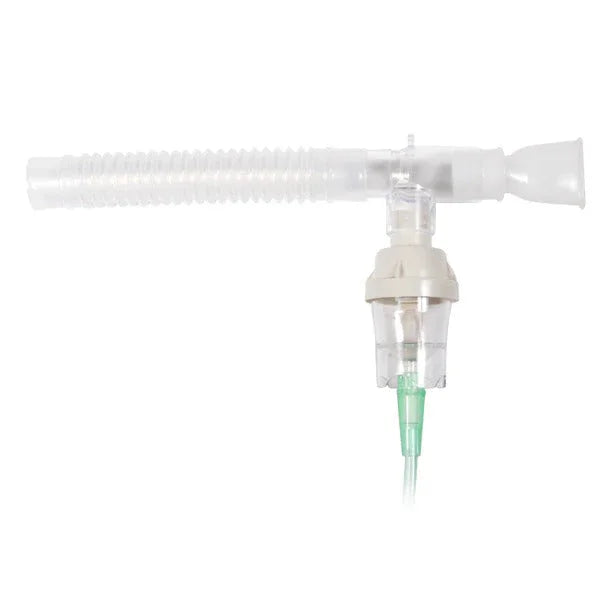 Medical nebulizer kit with mouthpiece, tubing, and medication chamber for respiratory therapy