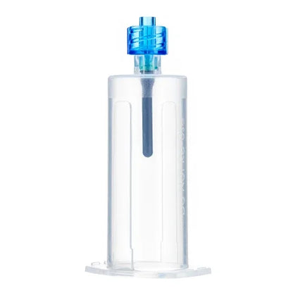 Transparent plastic suction cup with blue valve, medical or home care supply on white background