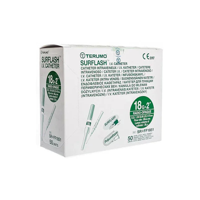 Box of Terumo SurFlash IV catheters 18G x 2 inch, medical intravenous catheter supplies