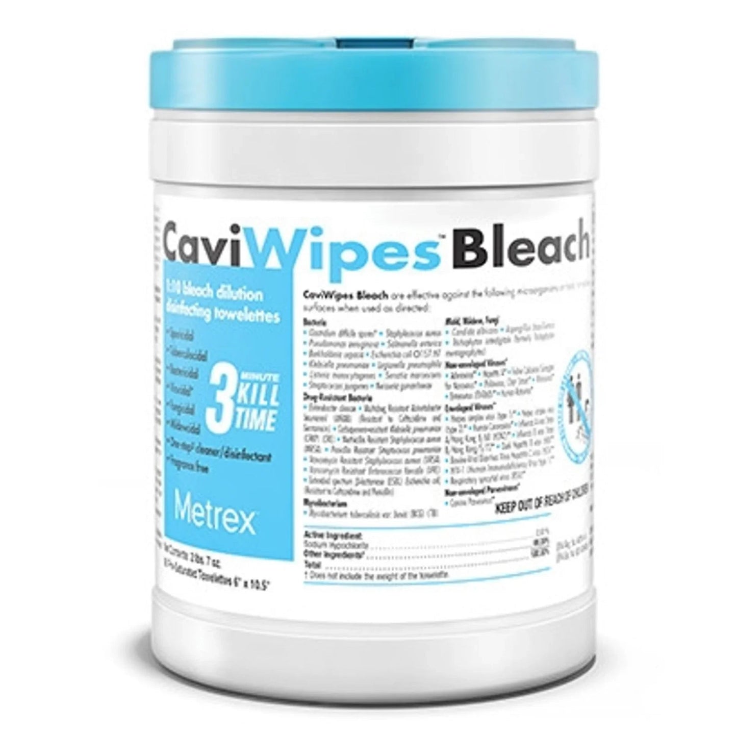 CaviWipes Bleach disinfecting towelettes container, EPA-registered surface cleaner