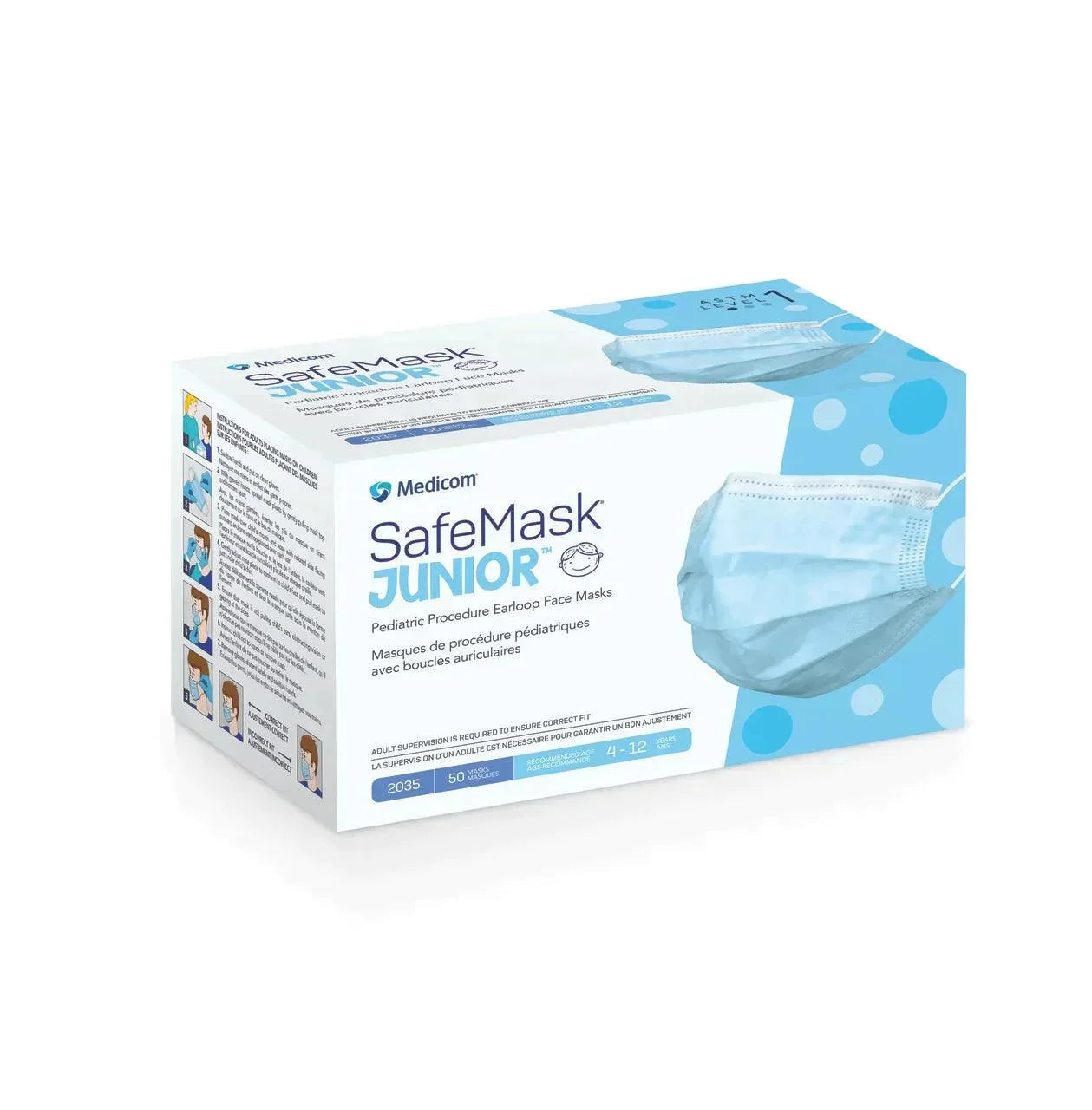 Box of Medicom SafeMask Junior pediatric earloop face masks for children, blue, 50 count