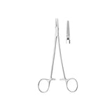 Stainless steel medical hemostat forceps with serrated jaws on white background